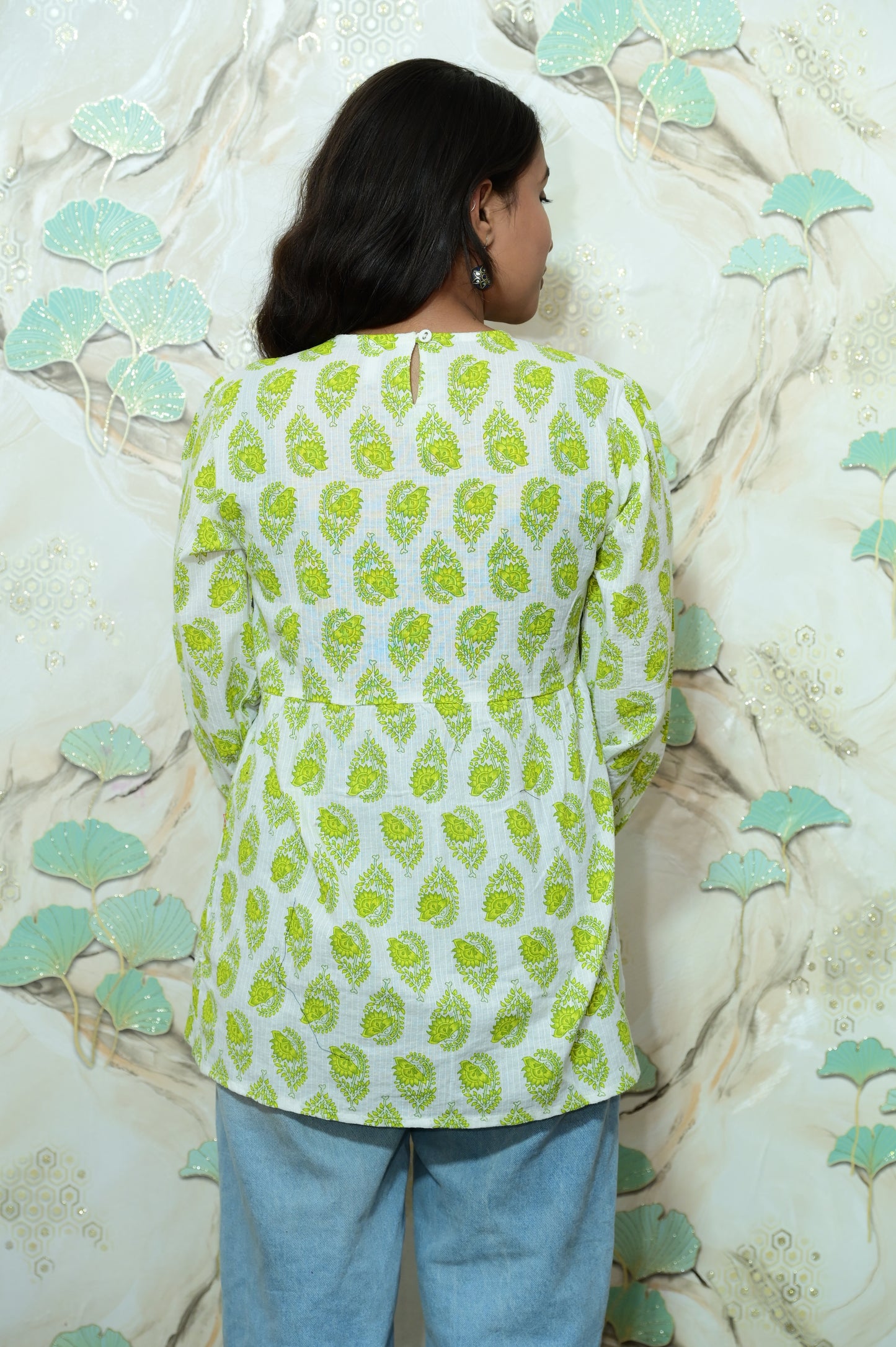 Lime Green & White Block Print Rayon Peplum Short Kurti