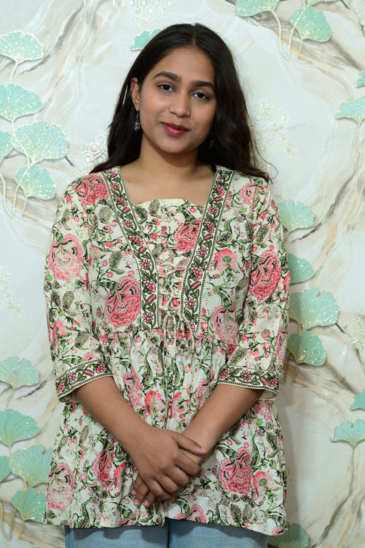 Cream & Pink Floral Printed Rayon Short Kurti