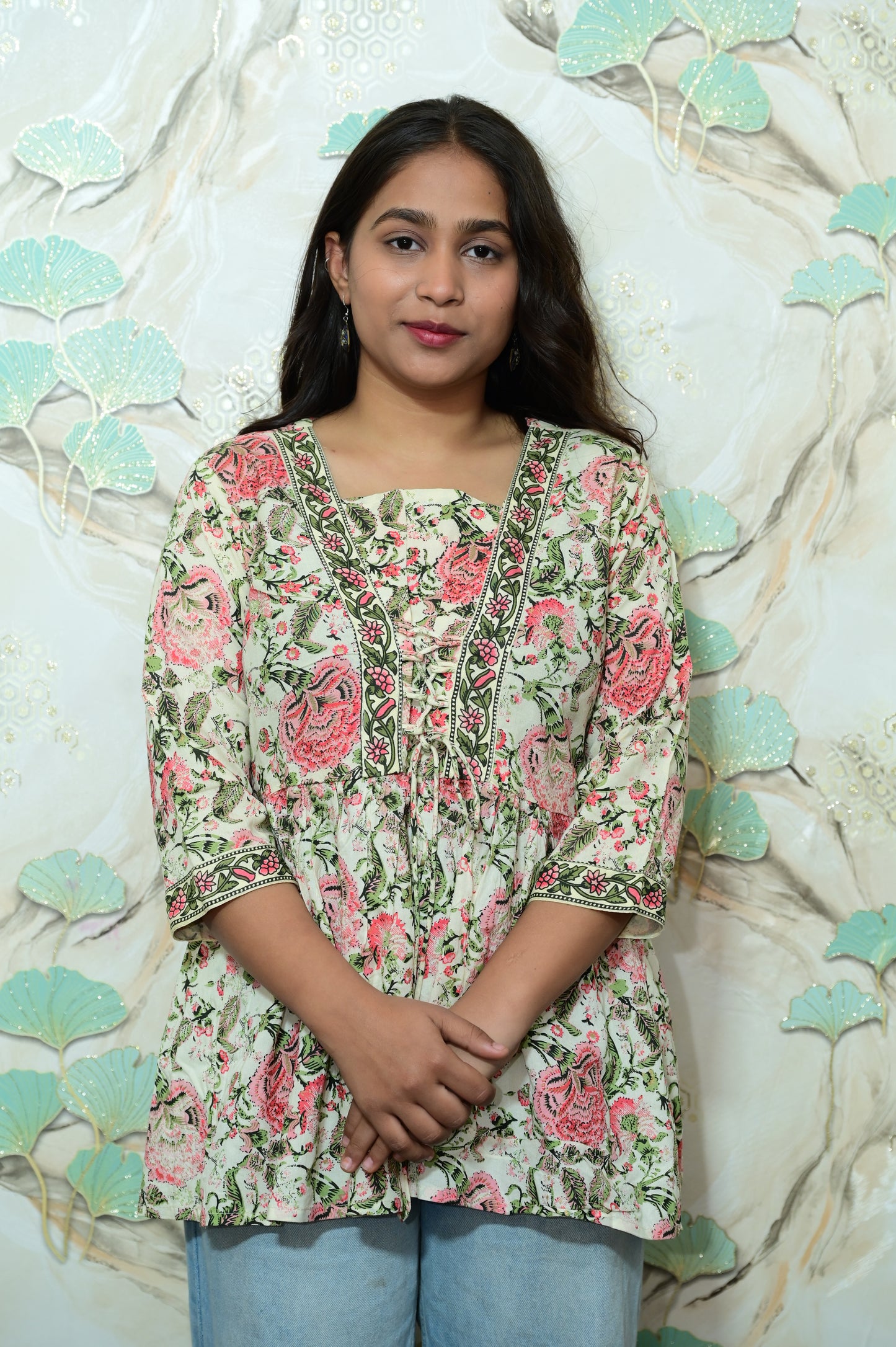 Cream & Pink Floral Printed Rayon Short Kurti