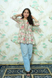 Cream & Pink Floral Printed Rayon Short Kurti