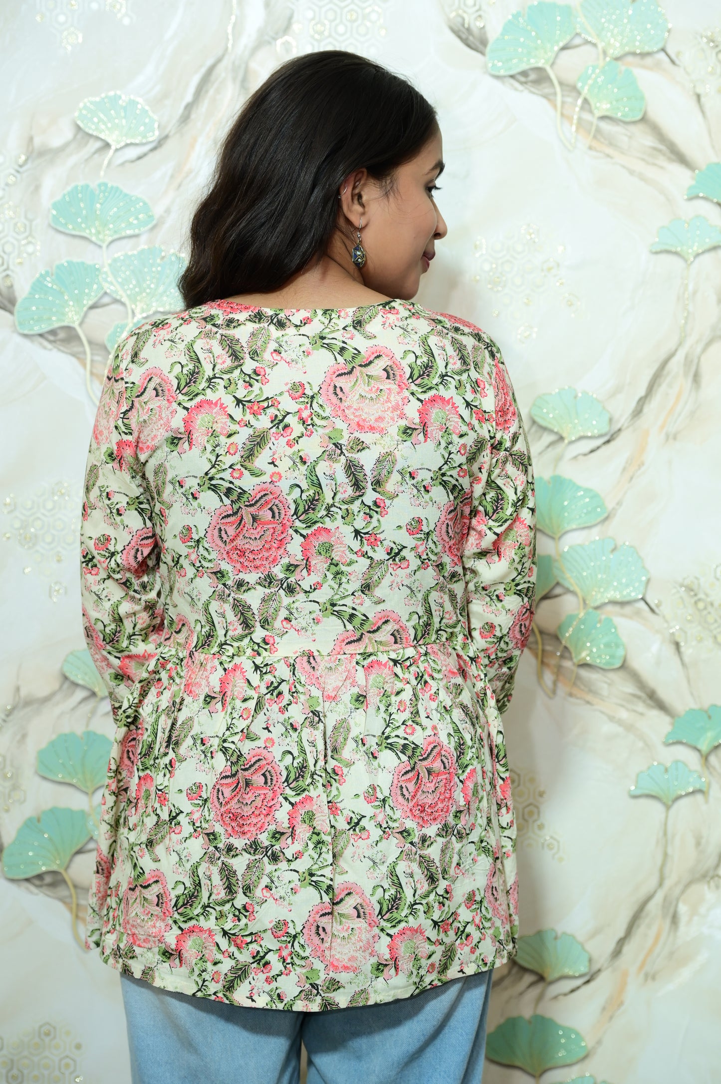 Cream & Pink Floral Printed Rayon Short Kurti