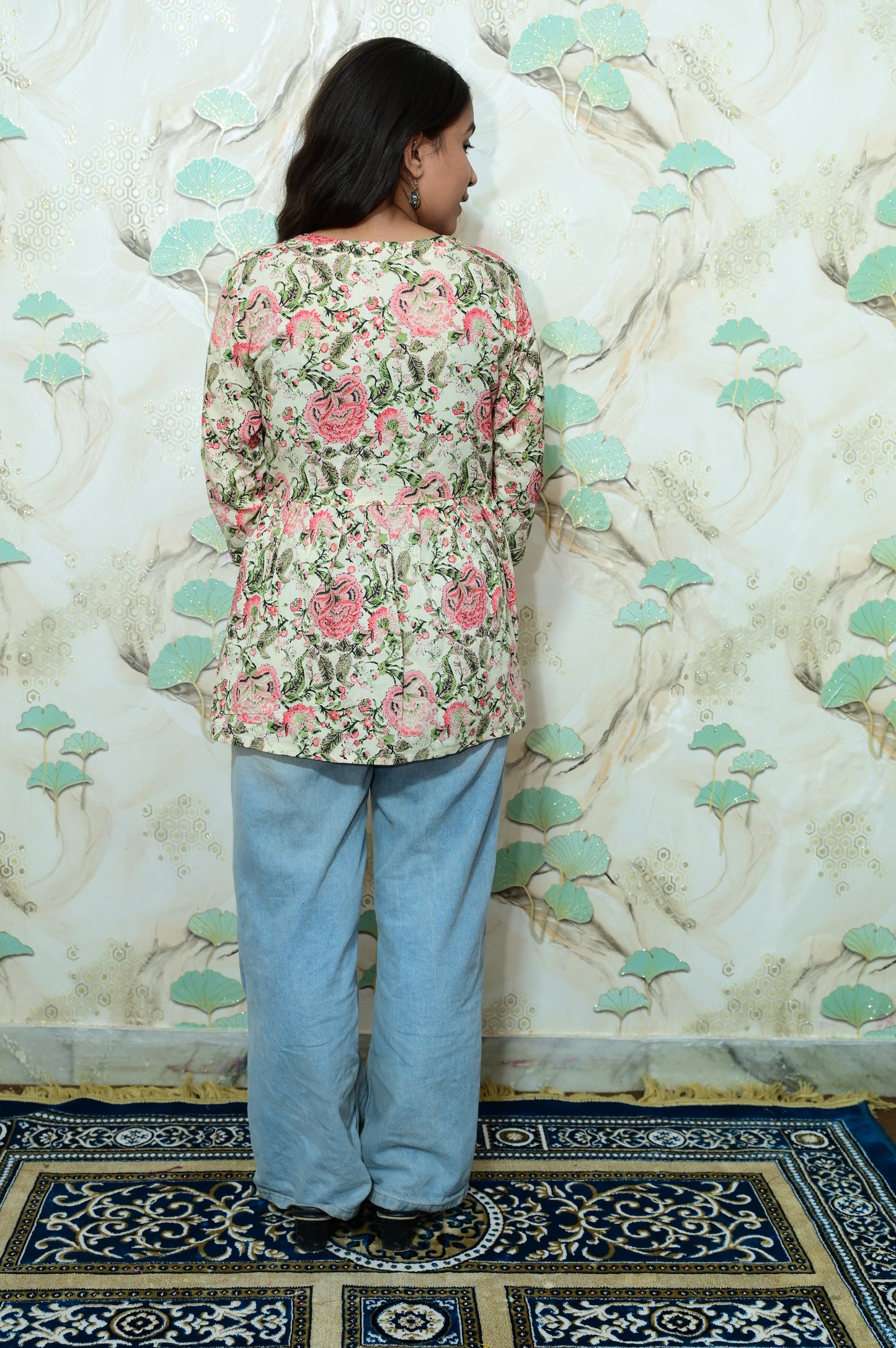 Cream & Pink Floral Printed Rayon Short Kurti