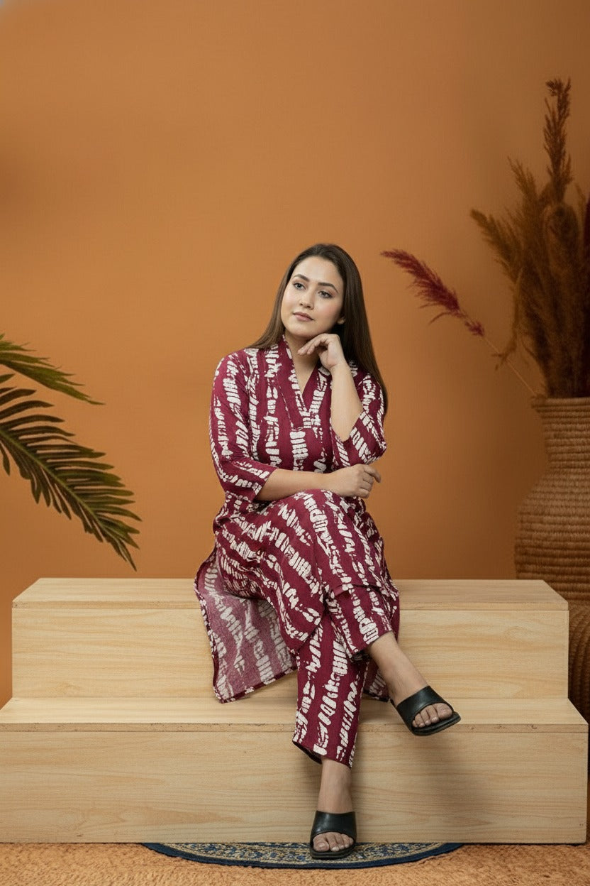 Maroon & White Rayon Co-Ord set