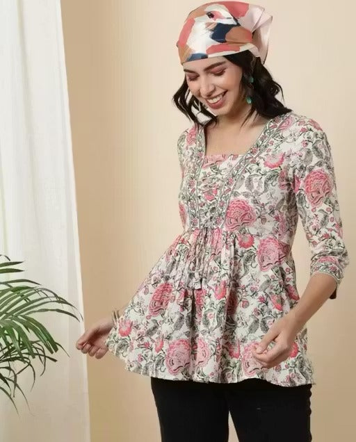 Pink Floral Printed Short Kurti