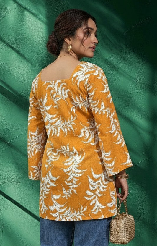 Yellow & White Printed Rayon Kurti