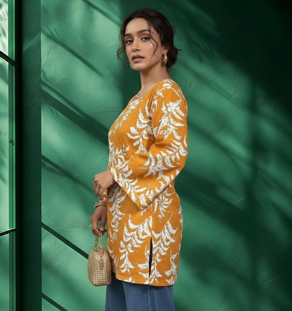 Yellow & White Printed Rayon Kurti