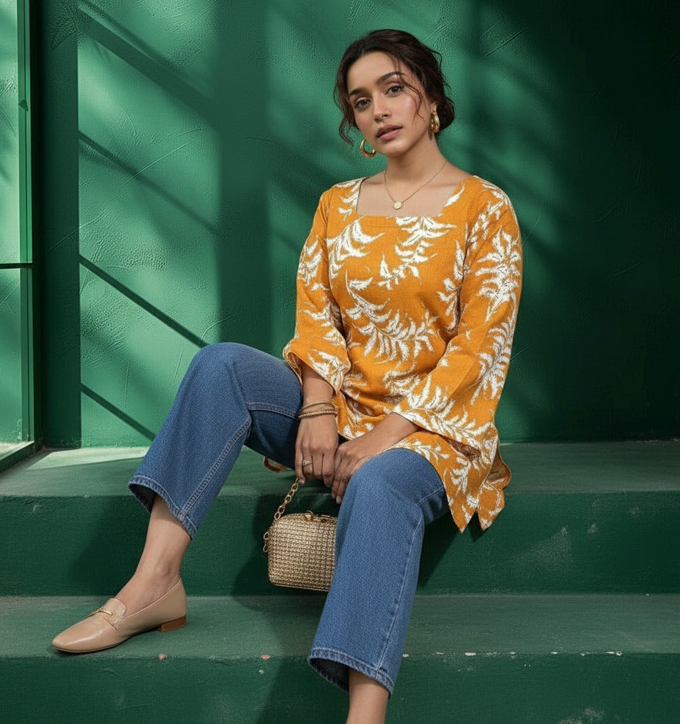 Yellow & White Printed Rayon Kurti