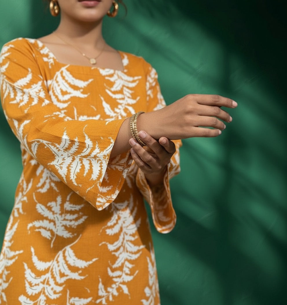 Yellow & White Printed Rayon Kurti