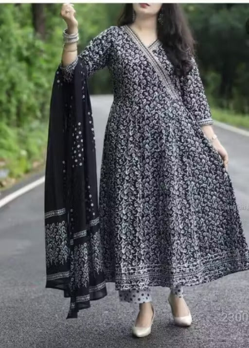 Black Printed Rayon Anarkali Ethnic Set with Dupatta