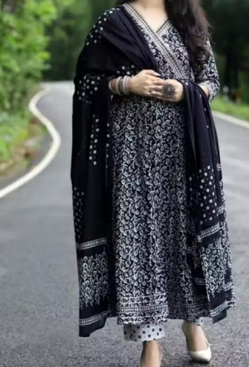 Black Printed Rayon Anarkali Ethnic Set with Dupatta