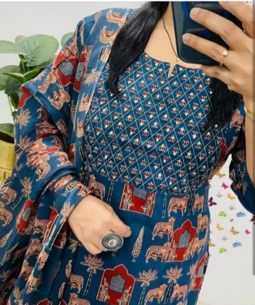 Blue Printed Rayon Kurta Pant Set with Dupatta