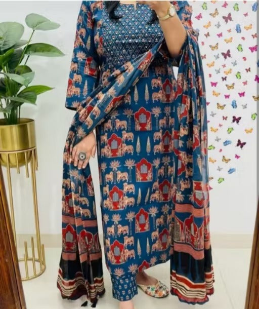Blue Printed Rayon Kurta Pant Set with Dupatta
