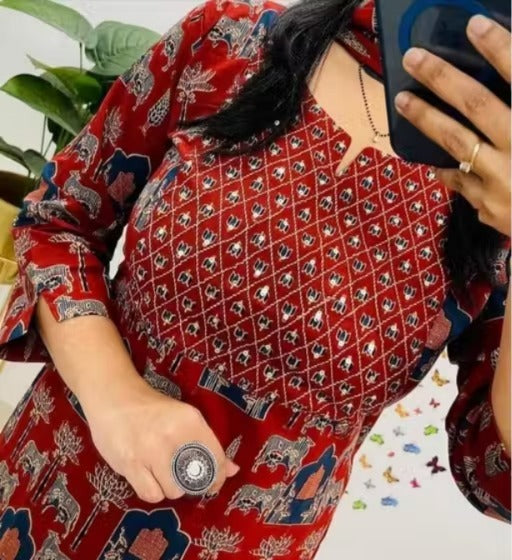 Red Printed Rayon Kurta Pant Set with Dupatta