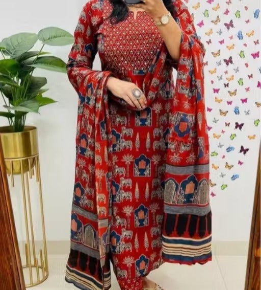 Red Printed Rayon Kurta Pant Set with Dupatta