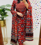 Red Printed Rayon Kurta Pant Set with Dupatta