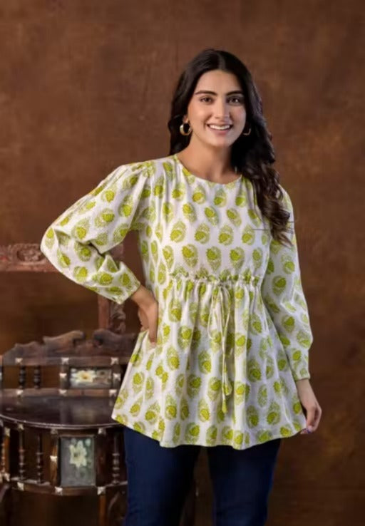 Mustard Floral Printed Short Kurti