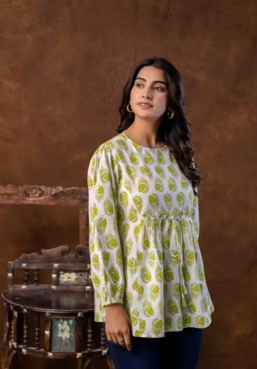 Mustard Floral Printed Short Kurti