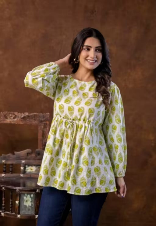 Mustard Floral Printed Short Kurti