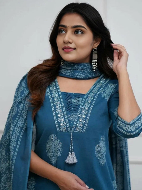 Blue Printed Rayon  Kurta Pant  Set