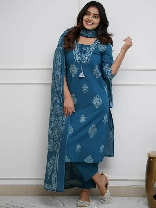 Blue Printed Rayon  Kurta Pant  Set