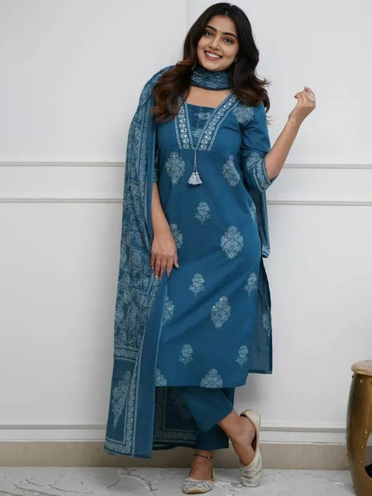Blue Printed Rayon  Kurta Pant  Set
