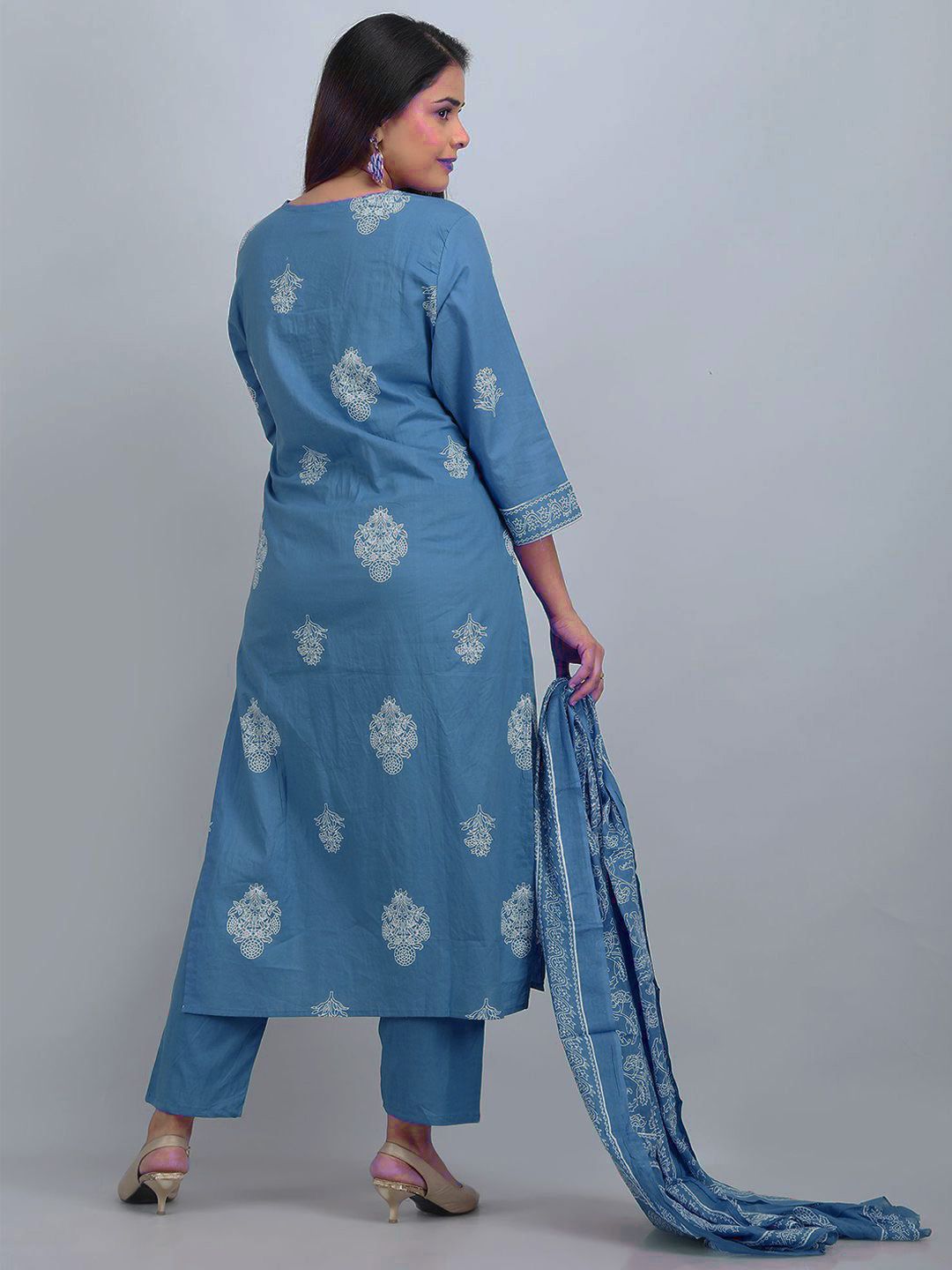 Blue Printed Rayon  Kurta Pant  Set