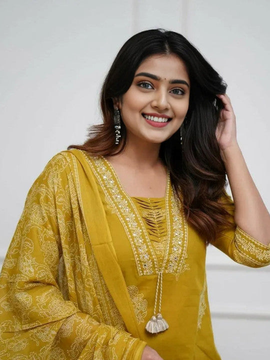 Mustard Printed Rayon Kurta Pant Set