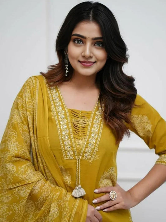 Mustard Printed Rayon Kurta Pant Set