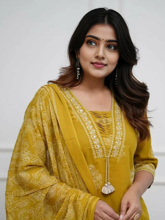 Mustard Printed Rayon Kurta Pant Set