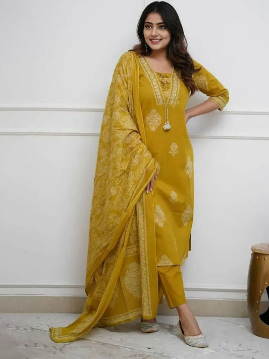 Mustard Printed Rayon Kurta Pant Set