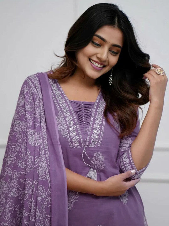 Lavender Printed Rayon Kurta Pant Set