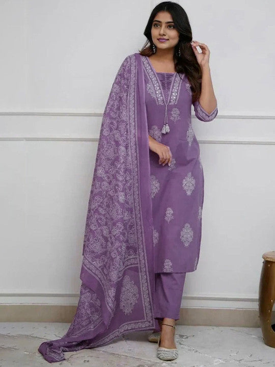 Lavender Printed Rayon Kurta Pant Set