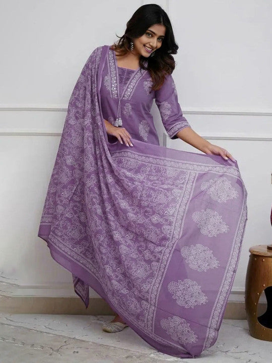 Lavender Printed Rayon Kurta Pant Set