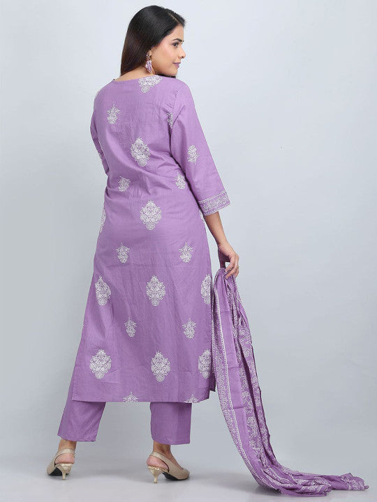 Lavender Printed Rayon Kurta Pant Set