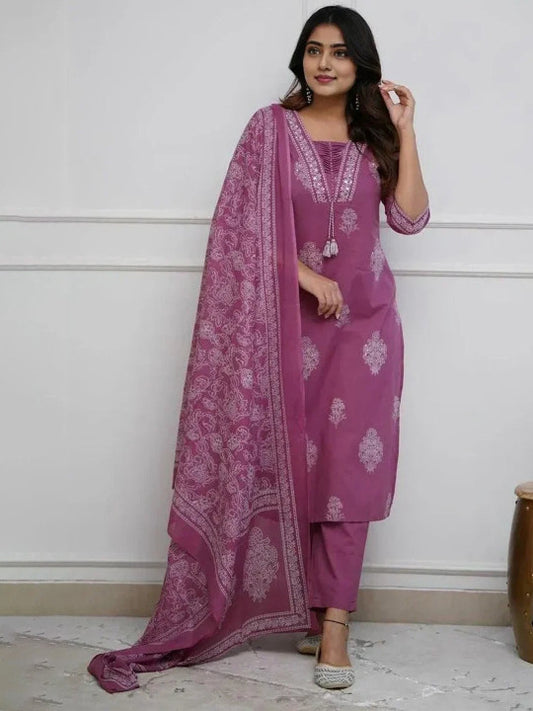 Wine Printed Rayon Kurta Pant Set