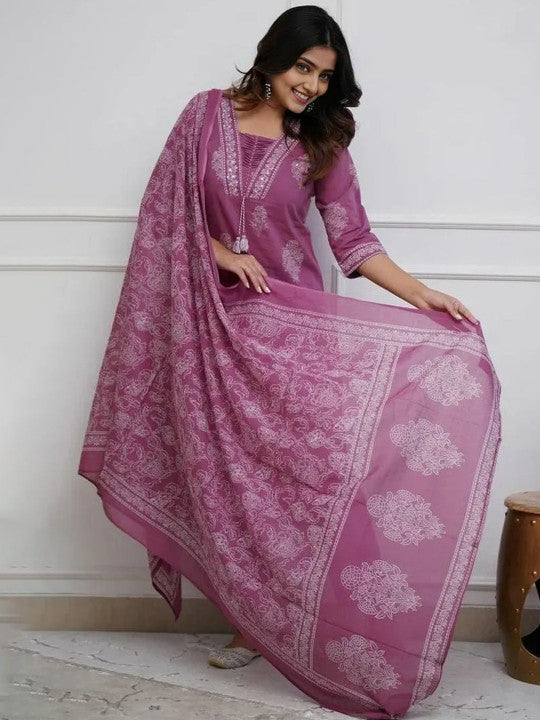 Wine Printed Rayon Kurta Pant Set