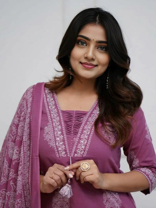 Wine Printed Rayon Kurta Pant Set