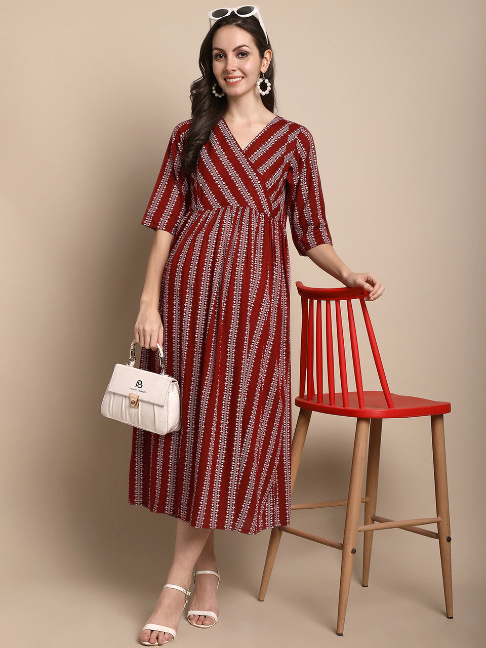 Maroon Printed Maternity Gown