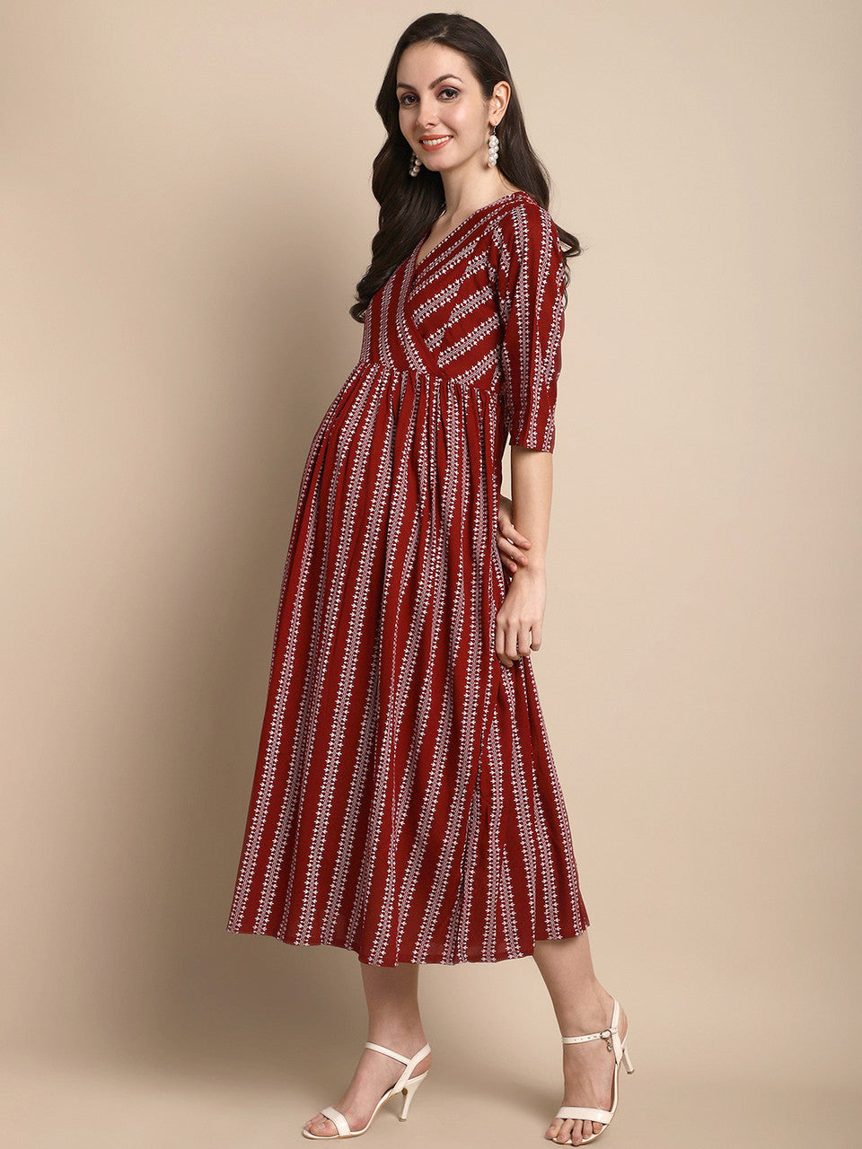 Maroon Printed Maternity Gown