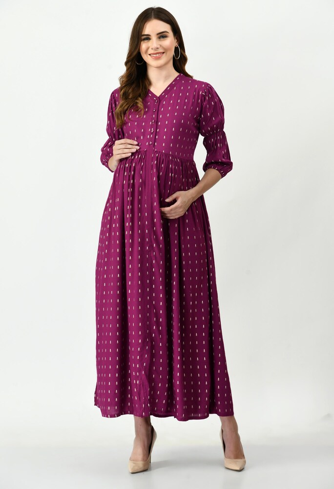 Wine Printed Maternity Gown