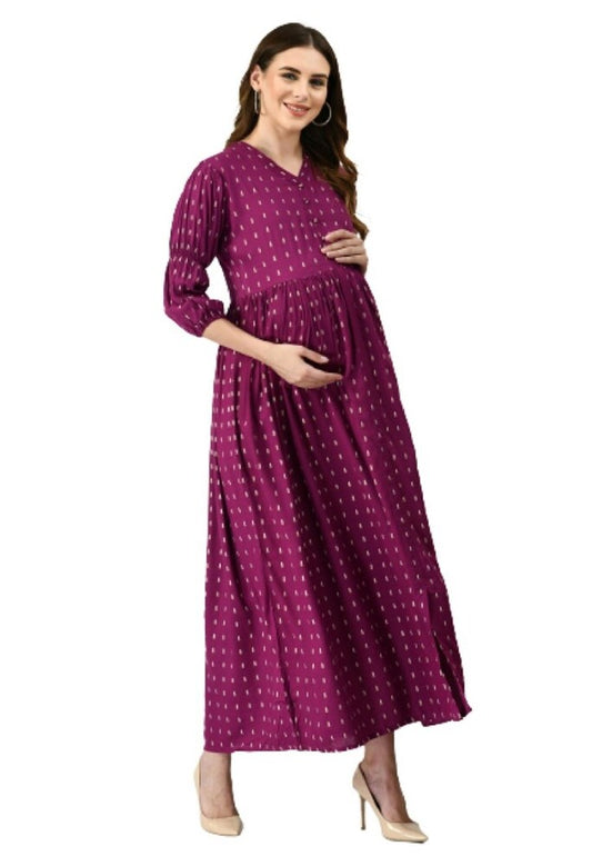 Wine Printed Maternity Gown