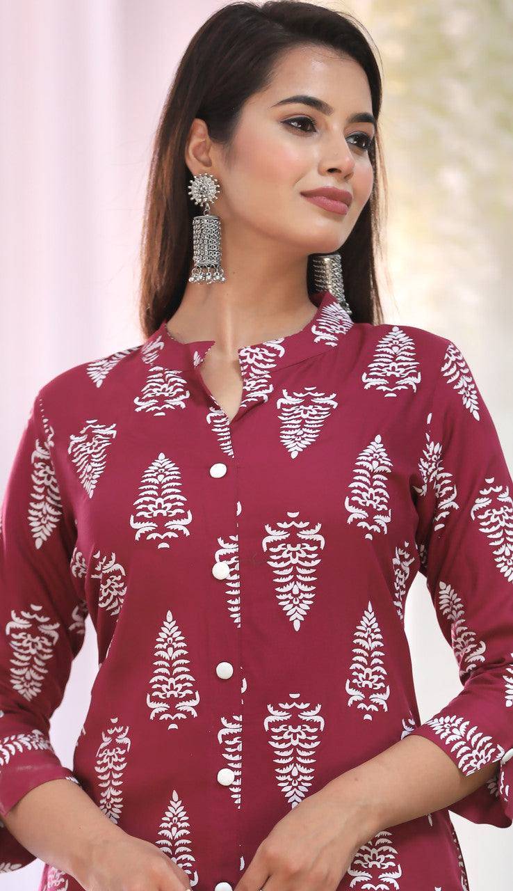 Maroon & White Printed Kurta Pant Set