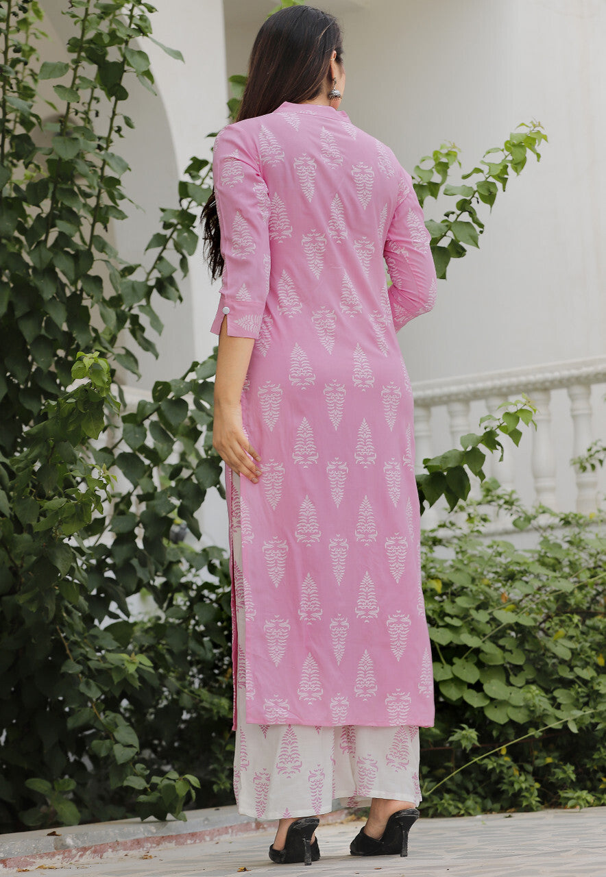 Pink & White Printed Kurta Pant Set