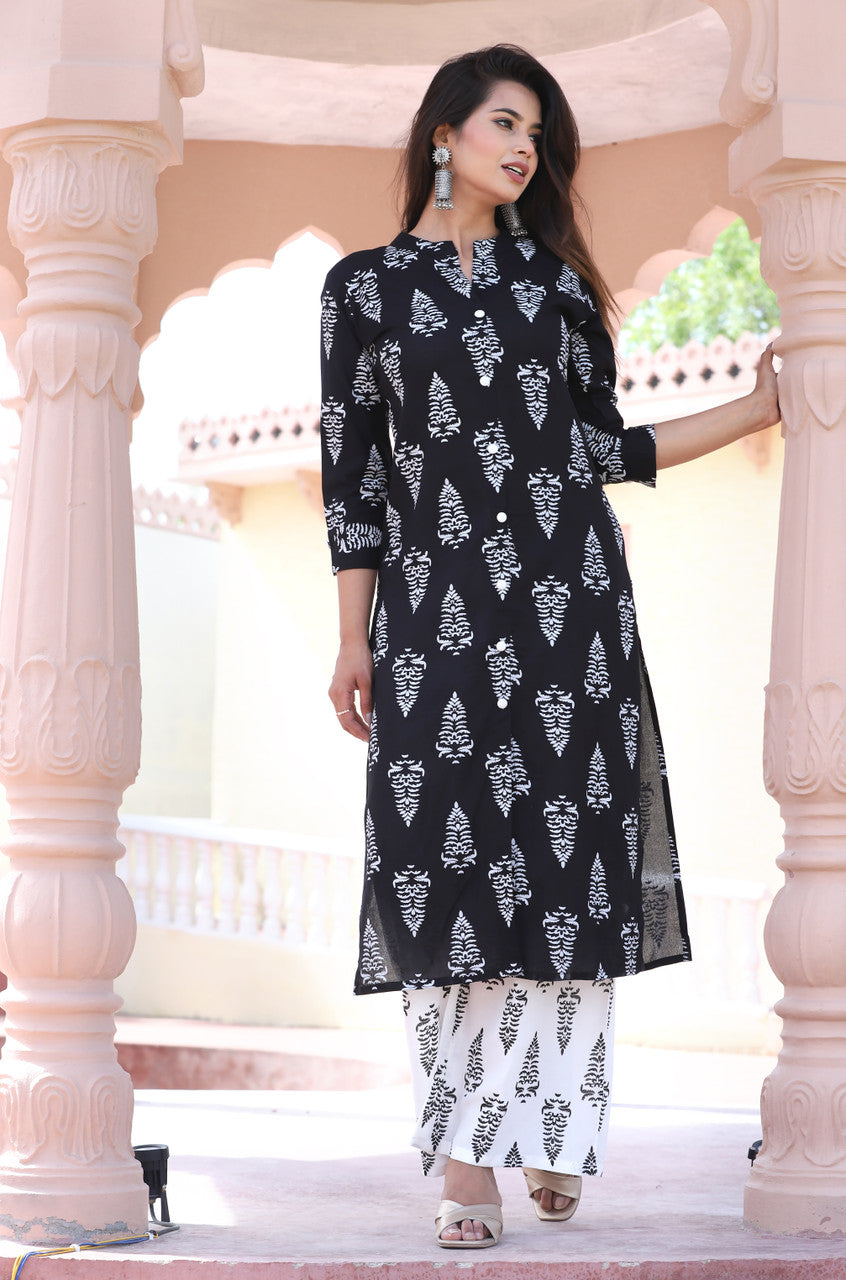 Black & White Printed Kurta Pant Set