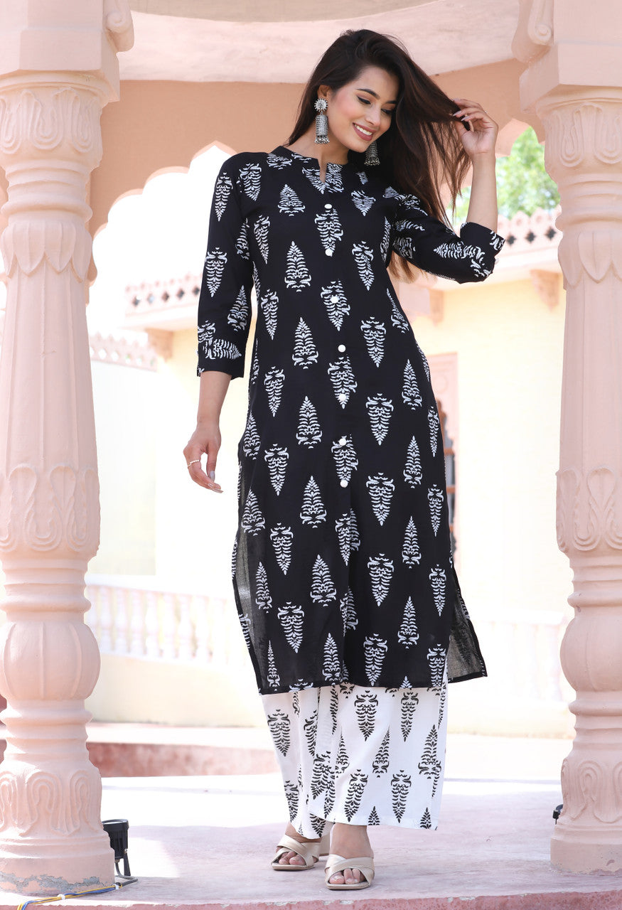 Black & White Printed Kurta Pant Set