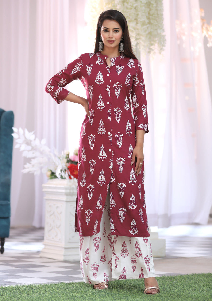 Maroon & White Printed Kurta Pant Set