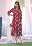 Maroon & White Printed Kurta Pant Set