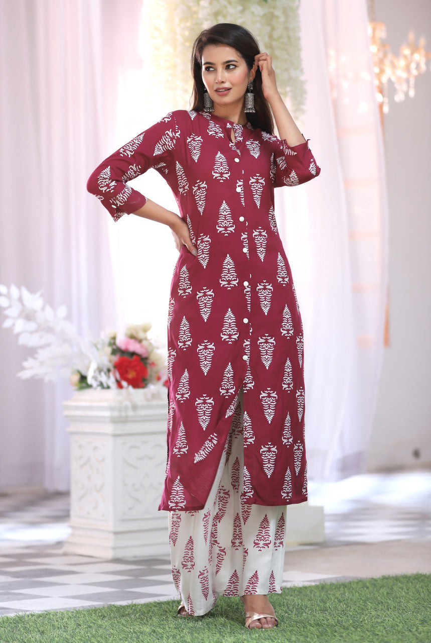 Maroon & White Printed Kurta Pant Set