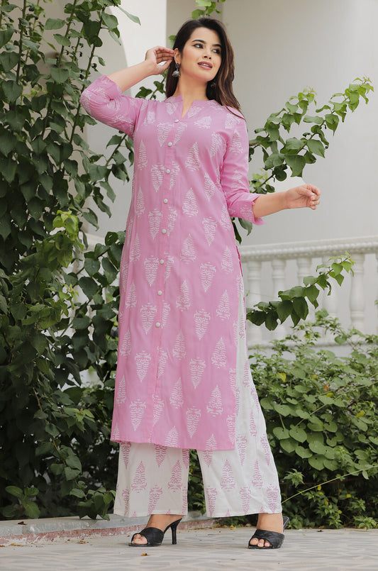 Pink & White Printed Kurta Pant Set