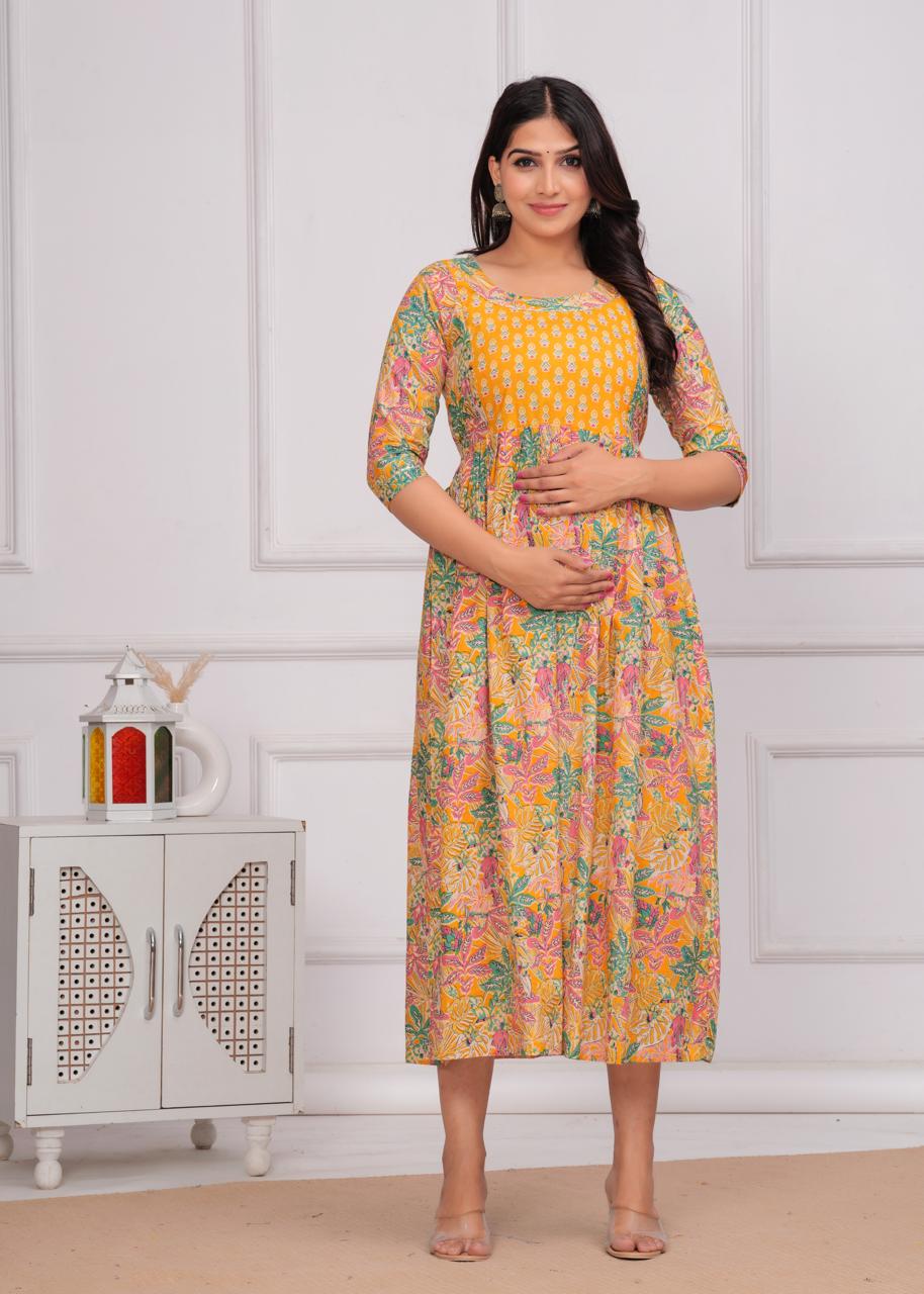 Yellow Printed Rayon Maternity Gown
